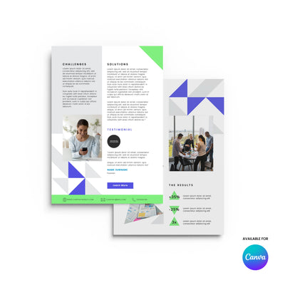 The Case Study Template for Canva – Forma 40 Collection by The Brand Store by More By Us includes two modern layouts with geometric blue, green, and gray shapes: one with a woman on her phone, the other with a group meeting. Both feature text areas and a Learn More button.