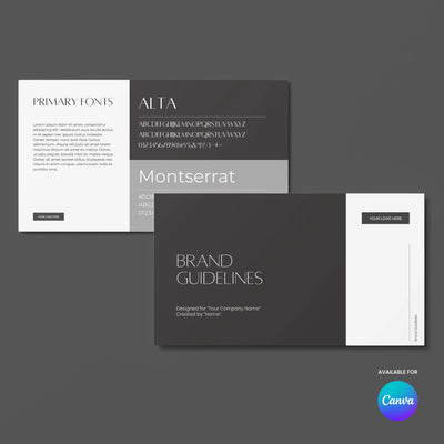 Two dark grey “Brand Guidelines Template for Canva – Forma 60 Collection” cards by More By Us | The Brand Store on a grey background: one shows Alta and Montserrat fonts, the other features “Brand Guidelines,” space for a logo, and a Canva logo.