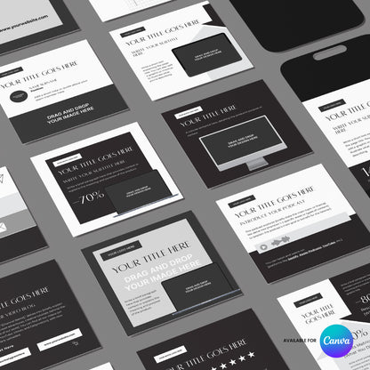 A flat lay of black, white, and gray Social Media Post Templates for Canva – Forma 60 Collection, displaying headings, text boxes, icons, and image placeholders. Each template features the Canva logo in the bottom right corner.