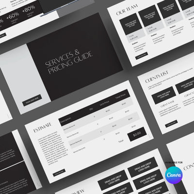 The Proposal Deck Template for Canva – Forma 60 Collection by More By Us | The Brand Store features editable services and pricing sections, team profiles, client list, and estimate table in a modern black, white, and gray design.
