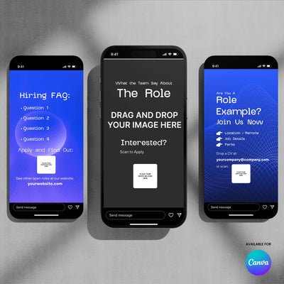 Three smartphones showcase recruitment-themed Instagram stories made with the Social Media Hiring Story Template for Canva – Forma 30 Collection by More By Us | The Brand Store, featuring a hiring FAQ, job openings, and application prompts; Canva branding appears bottom right.