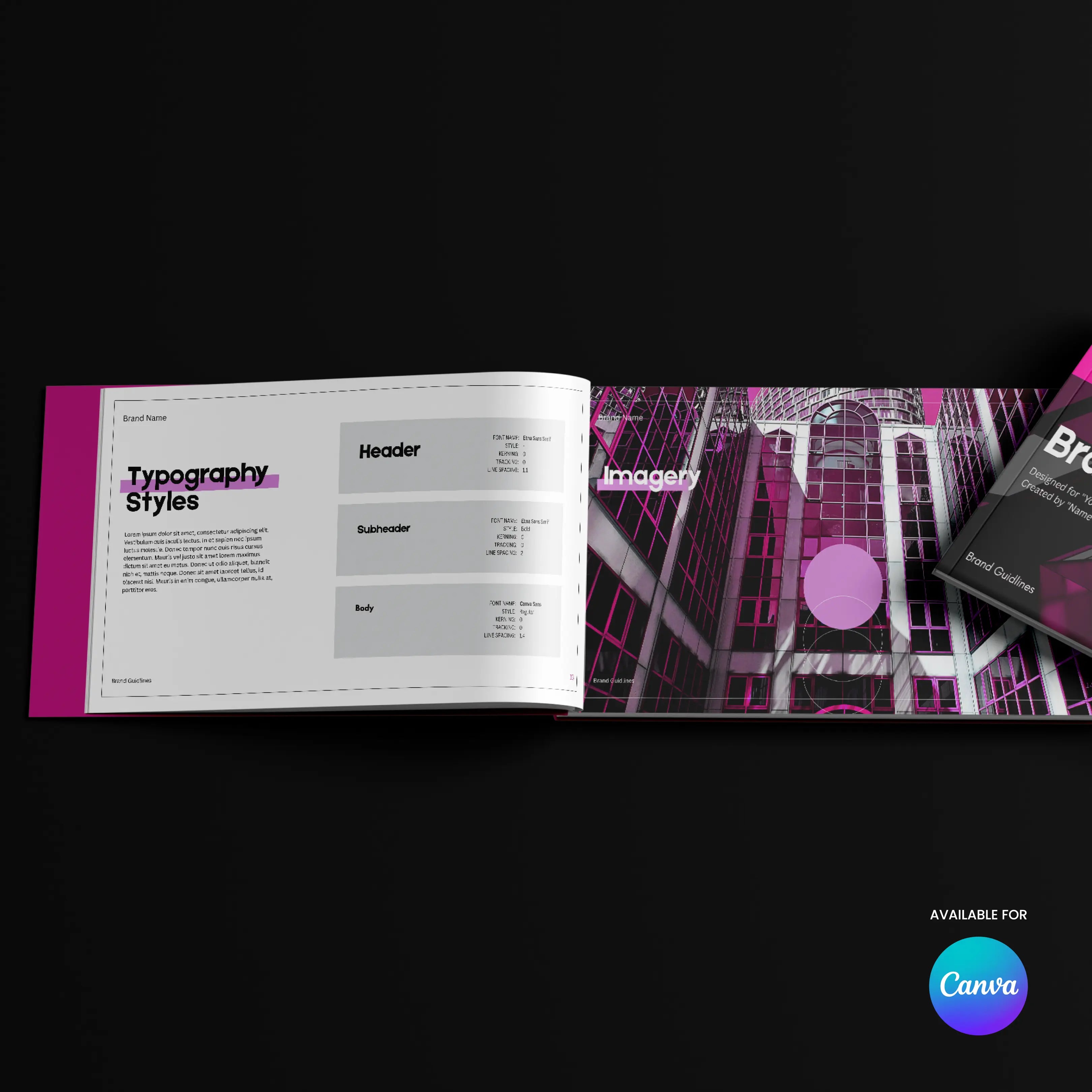 An open Modern Brand Identity Template | Canva Brand Guidelines Layout rests on a black surface, showing a typography page and cityscape with purple accents. A closed booklet and Canva logo are partially visible.