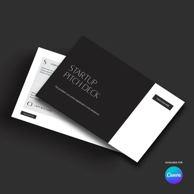 An open booklet displays the Startup Pitch Deck Template for Canva – Forma 60 Collection by More By Us, a minimal black and white presentation perfect for fashion, creative, and premium brands. The Canva logo in the corner signals easy use.