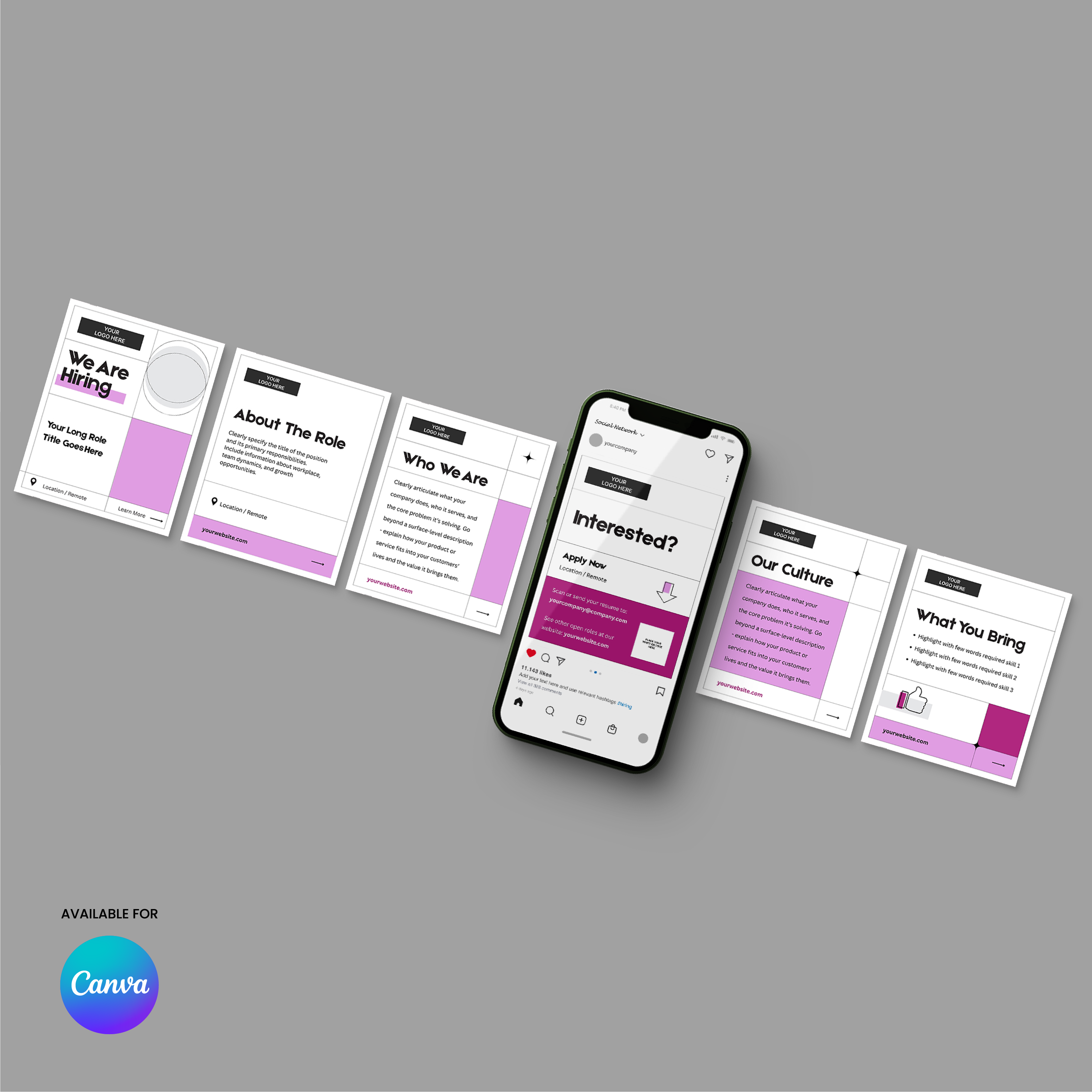 A smartphone shows a Social Media Hiring Carousel post from the Forma 20 Collection Pink Edition on Canva, with five grey and pink recruitment graphics surrounding it, all set on a grey background. The Canva logo appears in the lower left corner.