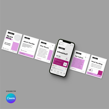 A smartphone shows a Social Media Hiring Carousel post from the Forma 20 Collection Pink Edition on Canva, with five grey and pink recruitment graphics surrounding it, all set on a grey background. The Canva logo appears in the lower left corner.