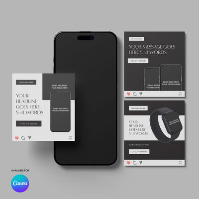 The Forma 60 Collection—Social Media Paid Ad Templates for Canva—features a smartphone, smartwatch, and three square templates with text and image placeholders on a gray background in minimalist black, white, and gray designs for performance marketing.