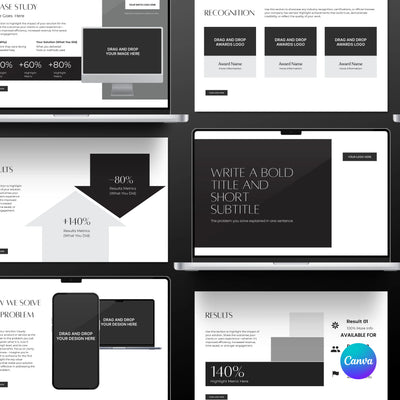 A collage of minimalist laptop mockups showcases the "Sales Deck Template for Canva – Forma 60 Collection" by More By Us | The Brand Store, with elegant black, white, and grey designs, editable slides, data visuals, and a visible Canva watermark.