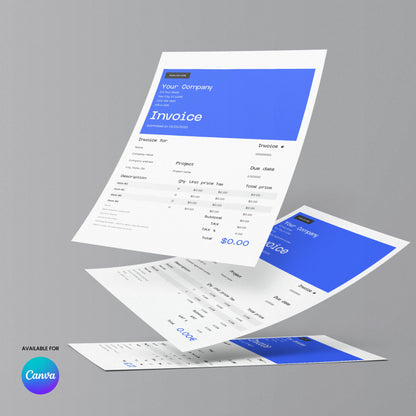 Two sheets display the Invoice Template – Forma 30 Edition | Canva Editable (US & EU Formats) with a blue and white modern design, company details, itemized charges, and the Canva logo floating above a gray surface.