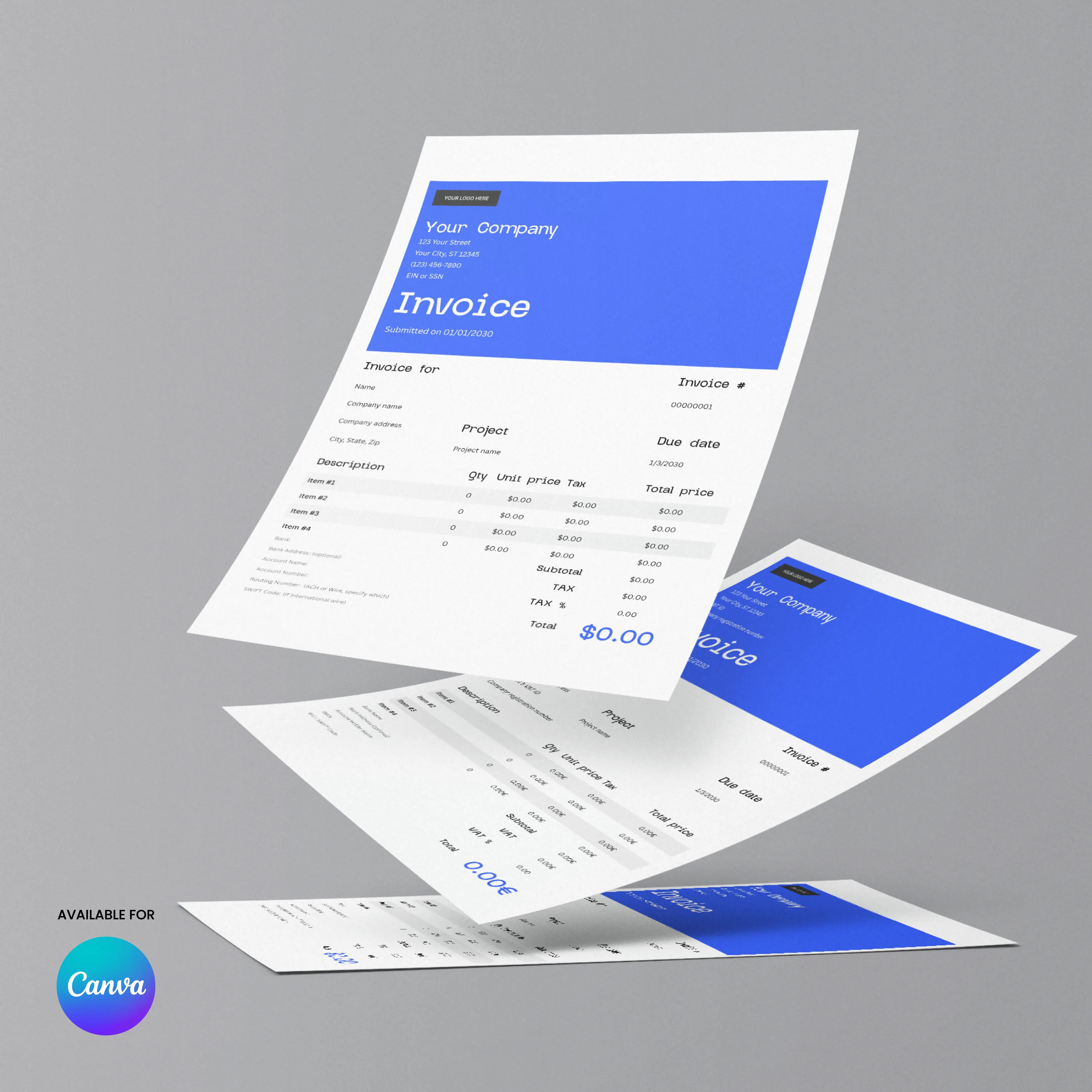 Two sheets display the Invoice Template – Forma 30 Edition | Canva Editable (US & EU Formats) with a blue and white modern design, company details, itemized charges, and the Canva logo floating above a gray surface.