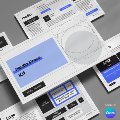 The Blue Media Press Kit Template from the Forma 20 Collection by More By Us | The Brand Store features sleek black, white, and blue Canva layouts on a gray background—ideal for any startup’s press kit needs.