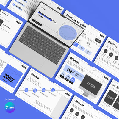 A laptop with printed slides—created using the Proposal Deck Template for Canva Forma 20 Collection by More By Us—displays charts, graphs, and B2B presentation titles like Offerings, Timeline, Pricing Guide, and Service List.