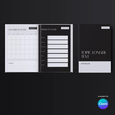 The Editable Workbook Template in Canva - Forma 60 Collection by More By Us | The Brand Store features a cover labeled "Topic Longer Text Workbook" and inside pages with a monthly planner, weekly planner, notes section, and Canva logo at the bottom right.