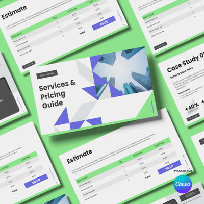 A flat lay displays pages from the Proposal Deck Template for Canva – Forma 40 Collection by More By Us, showing editable B2B services and pricing slides with tables, headlines, and blue-green geometric designs. Canva logo appears bottom right.