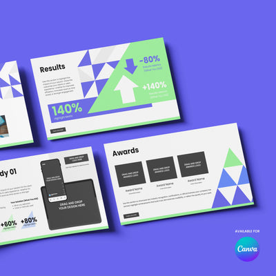 Four slides on a blue background show “Results,” “Awards,” and “Case Study 01” with arrows and bold geometric shapes. The Sales Deck Template for Canva – Forma 40 Collection by More By Us is perfect for startups and tech brands; Canva logo bottom right.