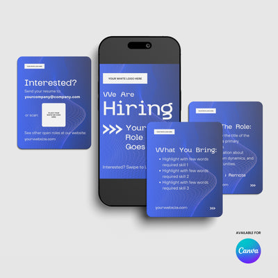Showcased on a smartphone and three cards, the Forma 30 Collection by More By Us | The Brand Store features blue digital-themed Canva carousel templates for hiring posts, with sections for job role, qualifications, and application steps.