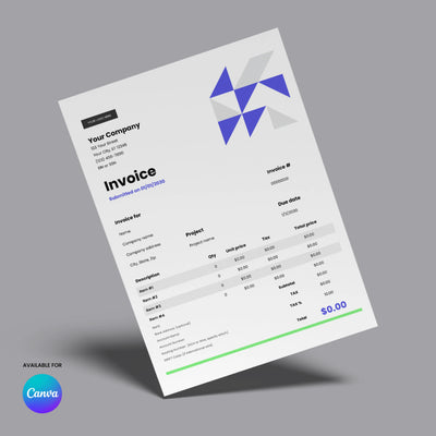 Invoice Template - Forma 40 Edition by More By Us | The Brand Store: A geometric blue, minimal invoice template in US EU format. Editable in Canva; lists items, prices, totals amount due 0.00. "Editable Canva Template" noted bottom left.