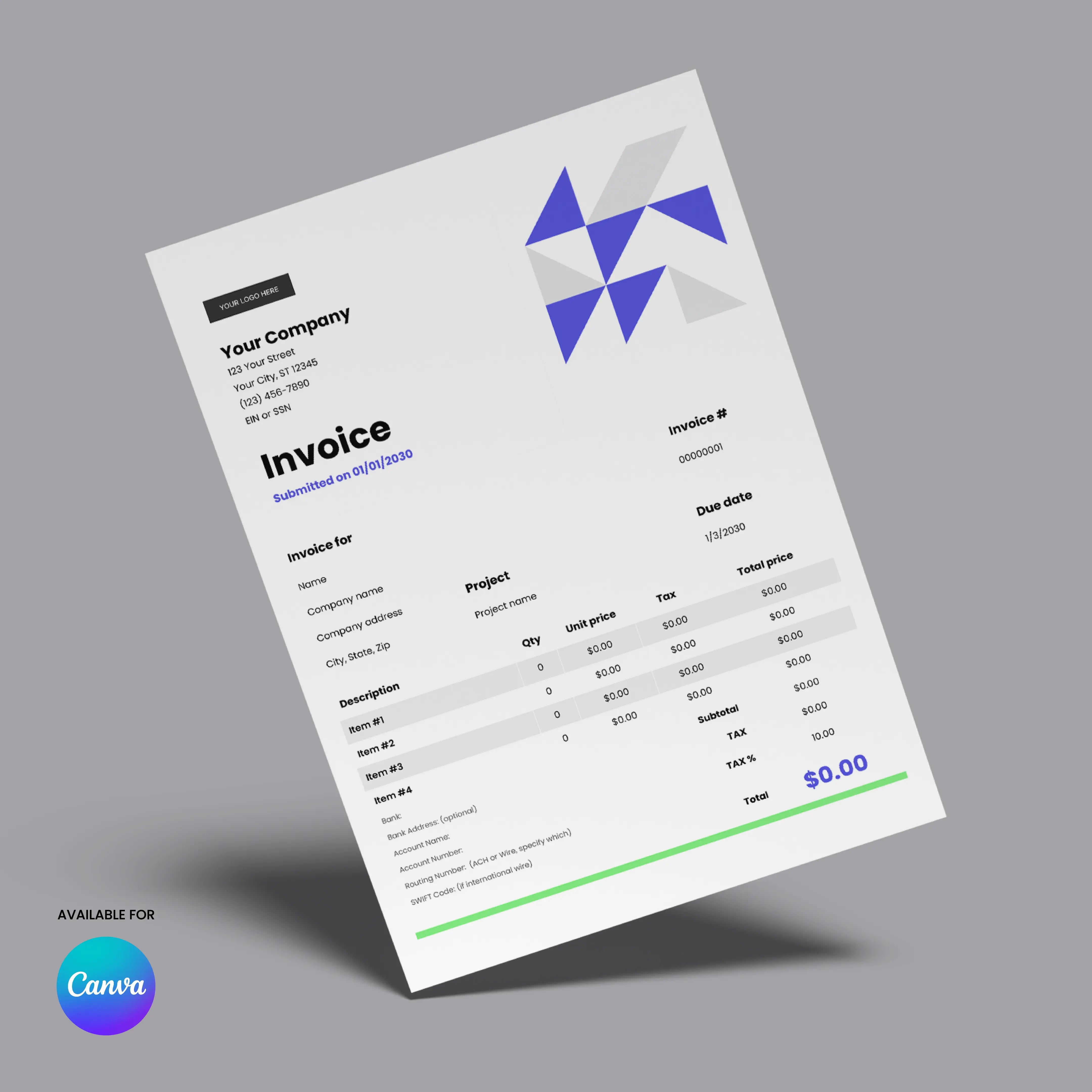 The Invoice Template - Forma 40 Edition | Editable Canva Template (US & EU Format) features blue and purple geometric shapes, company and billing info, itemized charges, total $0.00, and the Canva logo in the bottom left.