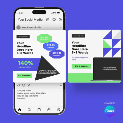A smartphone displays the Social Media Paid Ad Templates for Canva – Forma 40 Collection by More By Us | The Brand Store, with bold geometric promo slides for startups on both phone and laptop screens, featuring call-to-action spots and the Canva logo.