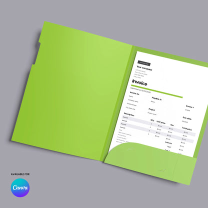 The Modern Green Invoice Template (US & EU Format) | Canva Editable, Forma 20 rests on a gray surface showing an editable invoice with items, prices, and totals. An Available for Canva logo appears bottom left. Supports both US and EU formats.