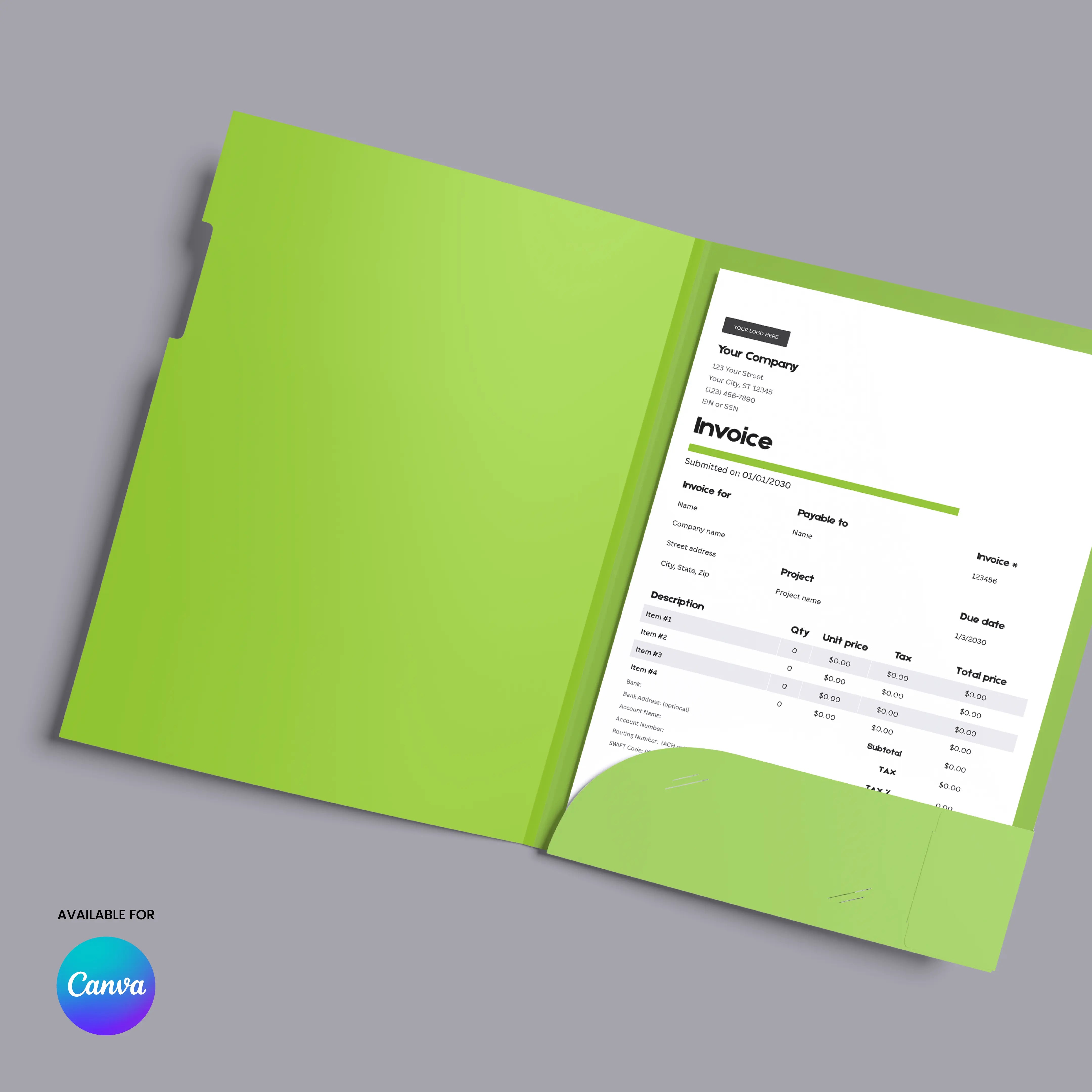 The Modern Green Invoice Template (US & EU Format) | Canva Editable, Forma 20 rests on a gray surface showing an editable invoice with items, prices, and totals. An Available for Canva logo appears bottom left. Supports both US and EU formats.