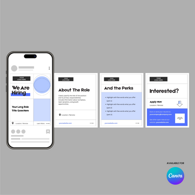 A graphic displays mobile and desktop layouts for a job post, using the Hiring Social Media Carousel Template for Canva from the Forma 20 Collection. Sections include job title, details, perks, apply button, plus a Canva logo on a gray background.