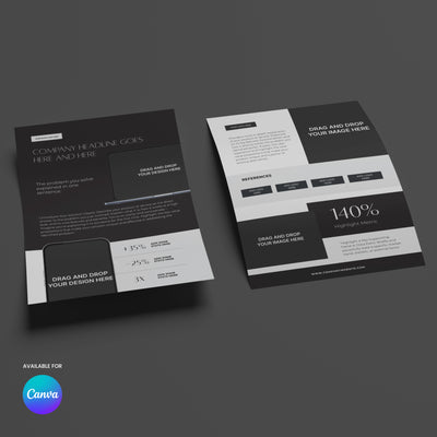 Two business flyers from the One-Pager Template for Canva - Forma 60 Collection, in black, white, and gray with image boxes and reference/metric sections, are displayed on a gray surface. The Canva logo is in the bottom left corner.