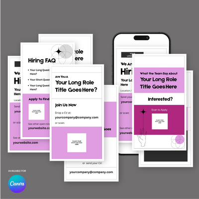 The Pink Hiring Social Media Story Templates for Canva from the Forma 20 Collection by More By Us | The Brand Store feature black, white, purple, and pink recruitment flyers with sample text areas, QR code space, and are perfect for hiring story posts.