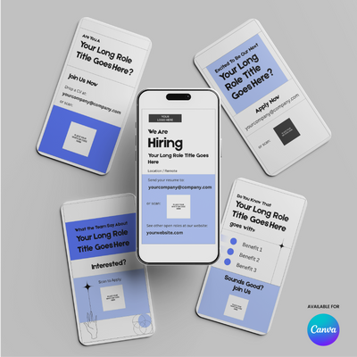 Five smartphones display Blue Hiring Social Media Story Templates for Canva – Forma 20 Collection by More By Us | The Brand Store, featuring minimalist “We Are Hiring” and “Apply Now” text on white with blue and gray accents, plus the Canva logo.