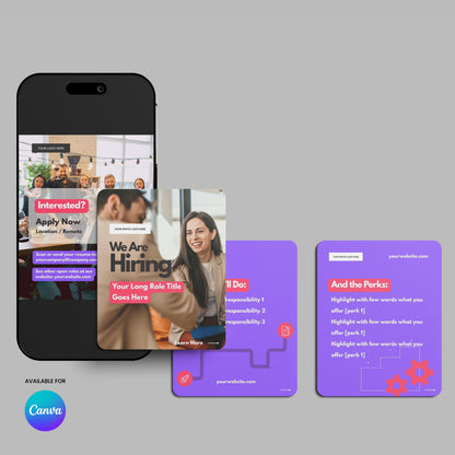 A mockup showcases the Social Media Hiring Carousel Templates for Canva – Forma 10 Collection on a smartphone and as print cards, with “We Are Hiring,” perks, job duties, and a Canva logo in the lower left corner.