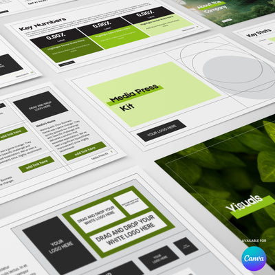 The Green Media Press Kit Template for Canva – Forma 20 Collection by More By Us | The Brand Store features layouts with text, statistics, images, logos, and a “Visuals” section on white surfaces—ideal for versatile brand presentations on Canva.