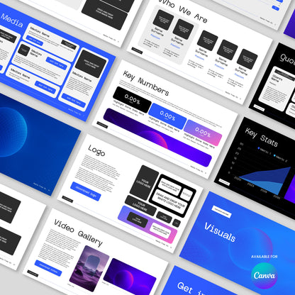The Media Press Kit Template for Canva - Forma 30 Collection features editable digital slides with blue, purple, and white accents, including sample text, charts, and headers like “Key Numbers,”—all with visible Canva branding.