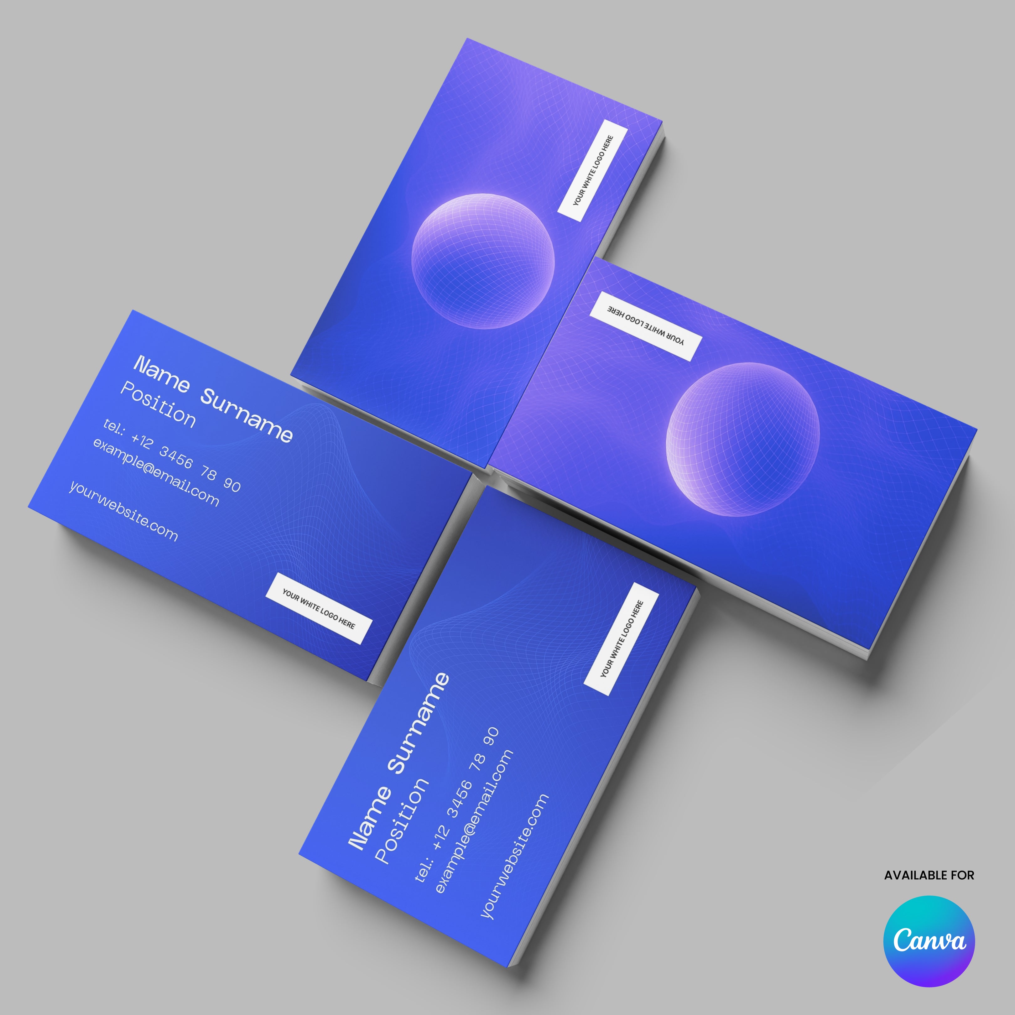 Four Bold Grid Business Card Templates from the Forma 30 Collection feature blue and purple abstract designs. Two show editable contact details, two display the bold back with a floating sphere. Canva template logo appears bottom right. Printable digital use.