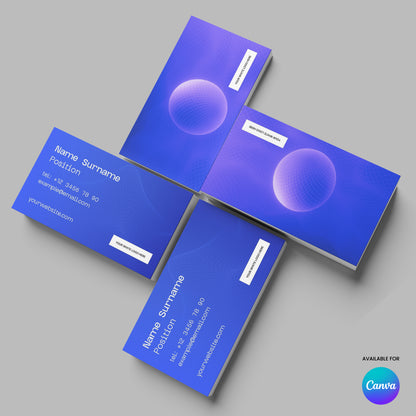 Four Bold Grid Business Card Templates from the Forma 30 Collection feature blue and purple abstract designs. Two show editable contact details, two display the bold back with a floating sphere. Canva template logo appears bottom right. Printable digital use.