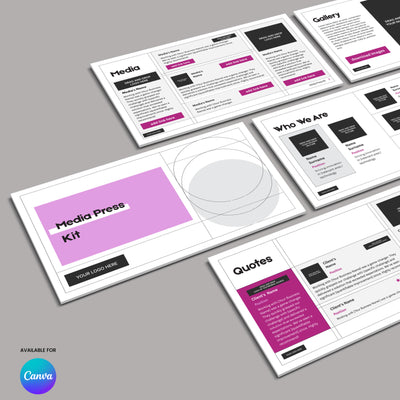 A flat lay of six editable Media Press Kit Template pages from the Forma 20 Collection by More By Us | The Brand Store for Canva, featuring black, white, and pink sections like “Media,” “Gallery,” and more, with a Canva logo at the bottom left.