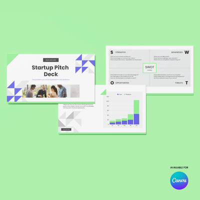 A digital layout showcases the "Startup Pitch Deck Template – Forma 40 Edition" by More By Us | The Brand Store on Canva, with green and white slides featuring charts, photos, SWOT analysis, and the Canva logo—ideal for funding presentations.