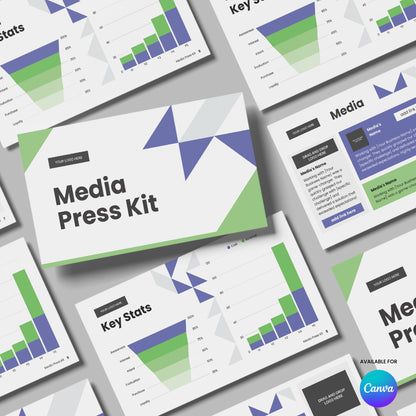 A flat lay of digital slides from the Media Press Kit Template for Canva - Forma 40 Collection, displaying charts, stats, and text in white, blue, green, and purple tones. The Canva logo appears in the lower right corner.