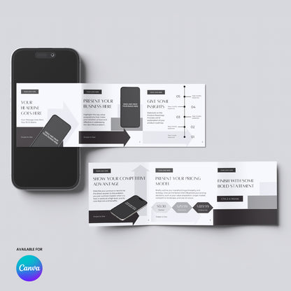 A smartphone and two rectangular trifold brochures from the Social Media Carousel Template for Canva - Forma 60 Collection are displayed on a light gray surface, featuring monochrome text boxes, charts, images, and the Canva logo at the bottom left.
