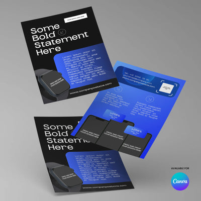 The "Flyer Template for Canva - Forma 30 Collection" by More By Us | The Brand Store features a two-sided, bold blue and black design with smartwatch imagery, sectioned info boxes, and an "Available for Canva" label in the bottom right corner.