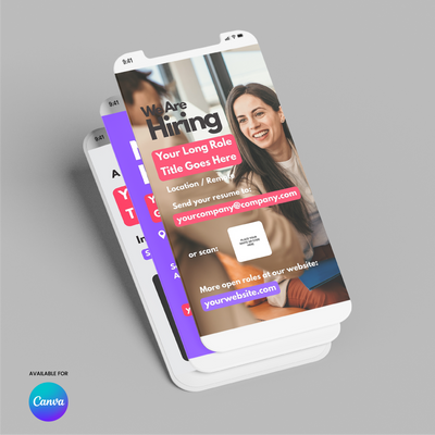 A phone screen shows a “We Are Hiring” ad made with Hiring Social Media Story Templates for Canva - Forma 10 Collection, displaying job details, contact email, and website. Behind it is a smiling woman at a desk with more templates visible.