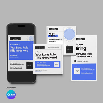 A phone and three posters showcase Social Media Hiring Ad Templates for Canva – Forma 20 Collection Blue Edition, featuring blue, white, and black recruitment designs with sections for a logo, job title, location, and application info. Canva logo shown.