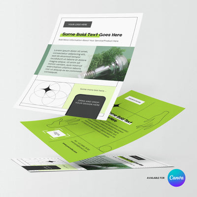 The Green Flyer Template for Canva from the Forma 20 Collection by More By Us features a bold, editable layout with green and white sections, a sample lightbulb image on grass, and logo space—ideal for eco brands and events. Canva logo appears in the corner.