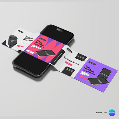 A smartphone rests on a surface with a vibrant brochure draped over it, showcasing The Brand Store by More By Us’ Single Image Paid Ad Templates for Social Media—customizable Canva designs for Instagram LinkedIn—plus bold text, images, and a “Get Started” button.