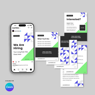 A smartphone shows the Hiring Social Media Carousel Template for Canva from the Forma 40 Collection by More By Us | The Brand Store, featuring matching recruitment templates with white, blue, green, and black geometric designs on a gray background.
