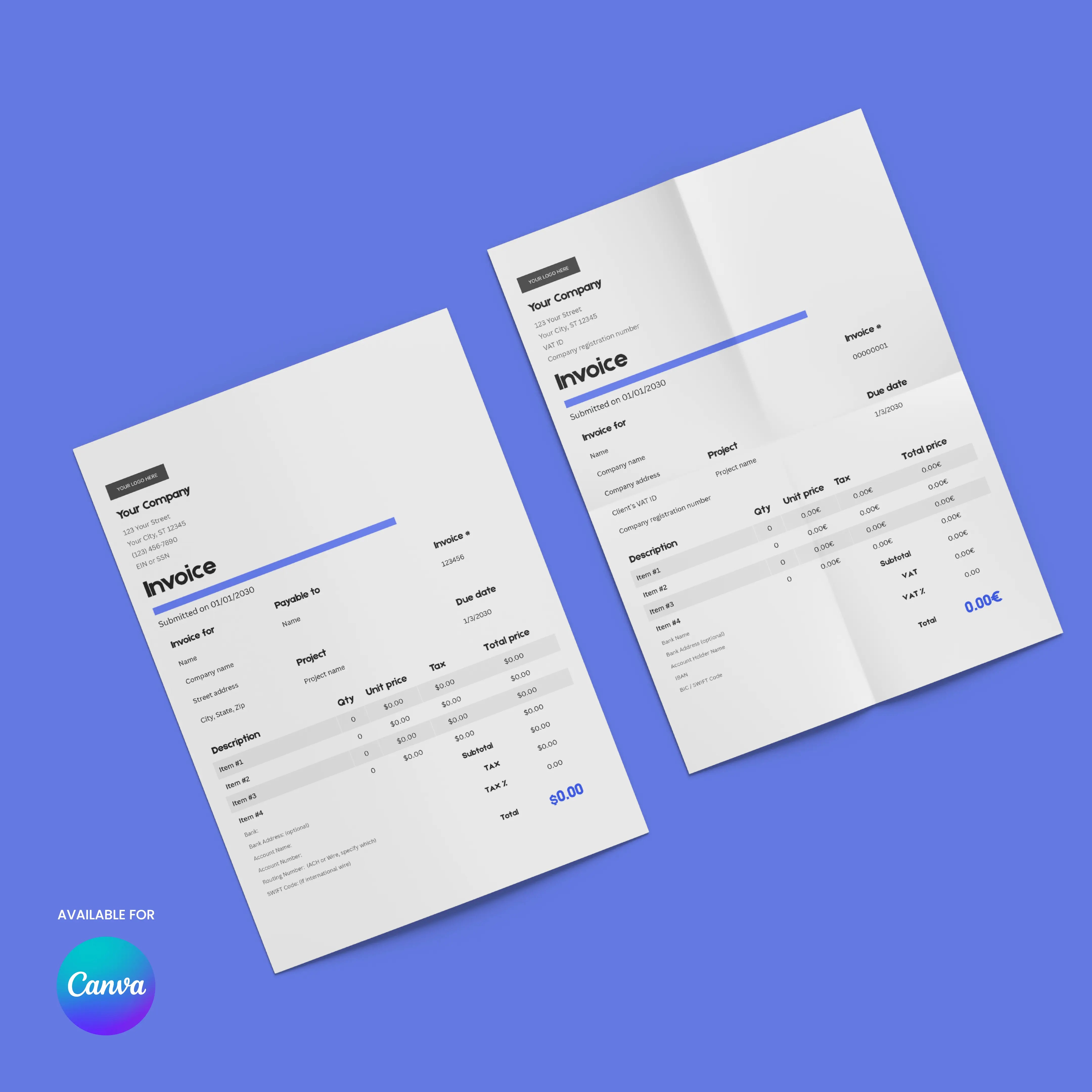 Two minimalist white Invoice Template - Forma 20 Collection editable Canva templates (US & EU formats) are shown on a blue background, featuring item details, prices, totals, and the Canva logo in the lower left corner.