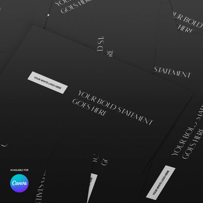 A stack of black minimalist business cards with white text reads YOUR BOLD STATEMENT GOES HERE and YOUR WHITE LOGO HERE. The Canva logo indicates this is the Forma 60 Collection: Business Card Template for Canva.