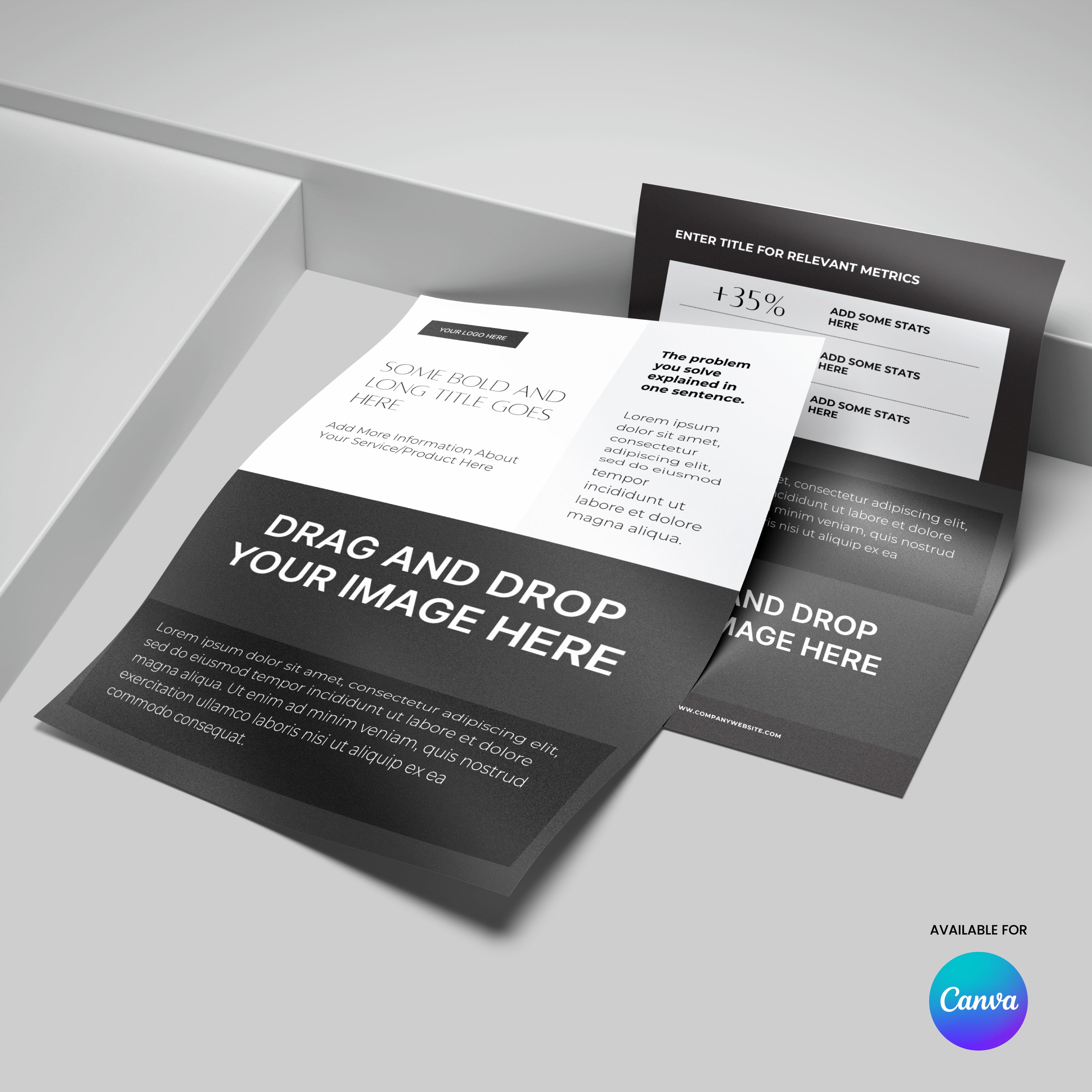 A mockup featuring two overlapping rectangular flyers with bold text and image placeholders on a light gray background. Showcases the Flyer Template for Canva - Forma 60 Collection, with the Canva logo in the bottom right corner.