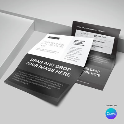 A set of three overlapping Flyer Template for Canva - Forma 60 Collection mockups by More By Us | The Brand Store, featuring minimal black, white, and gray color blocks with image placeholders on a light gray surface.