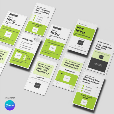The Green Hiring Social Media Story Templates for Canva – Forma 20 Collection includes green, white, and black templates with bold headings, job title and benefit text boxes, plus the Canva logo on each design. Displayed on a light gray surface.