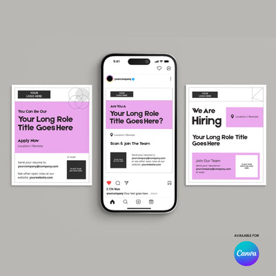 Three Social Media Hiring Paid Ad Templates from the Forma 20 Collection Pink Edition by More By Us | The Brand Store are shown—two posters and a smartphone mockup for Canva, each with editable job detail text, perfect for recruitment campaigns.