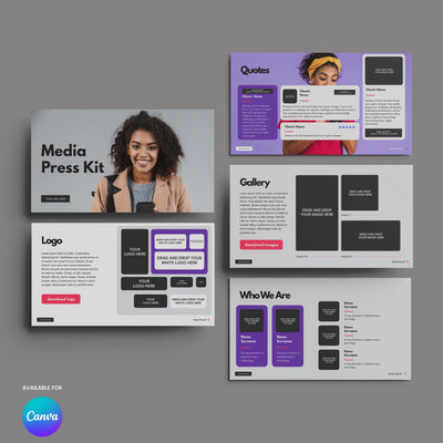 The Media Press Kit Template for Canva - Forma 10 Collection by More By Us | The Brand Store showcases five slides on grey, featuring logo, quotes, gallery, company info sections, editable text boxes, image placeholders, and a Canva logo in the corner.